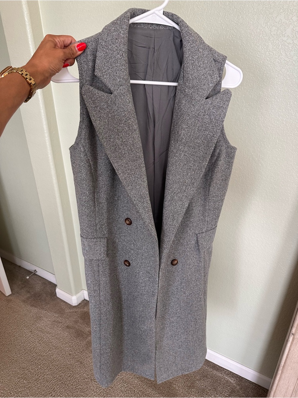 Sleeveless Wool-Blend Double-Breasted Grey Long Vest